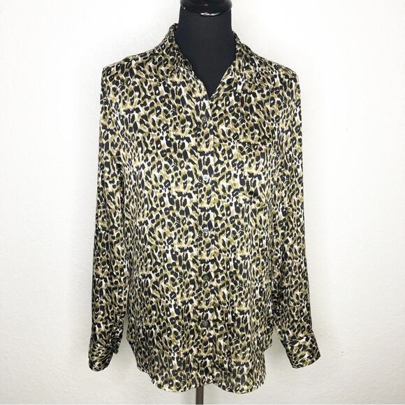 Equipment brown black tan leopard animal print button down top size Large - Picture 1 of 14